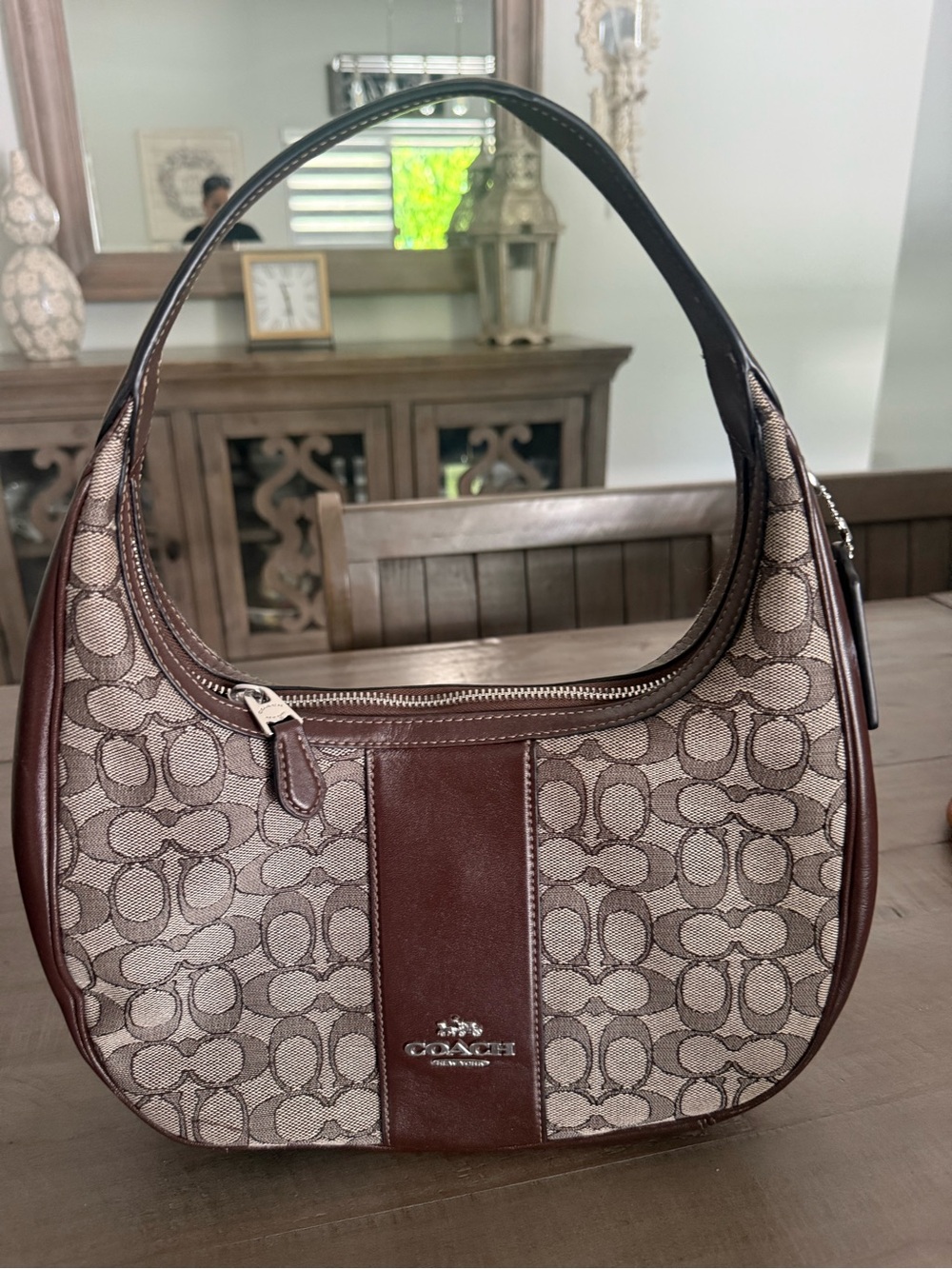 Coach Signature Jacquard Brown Leather Hobo Shoulder Bag Y2K